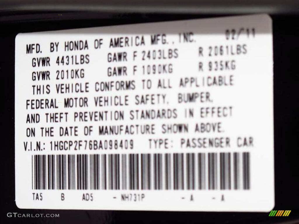 2011 Accord Color Code NH731P for Crystal Black Pearl Photo #49449233