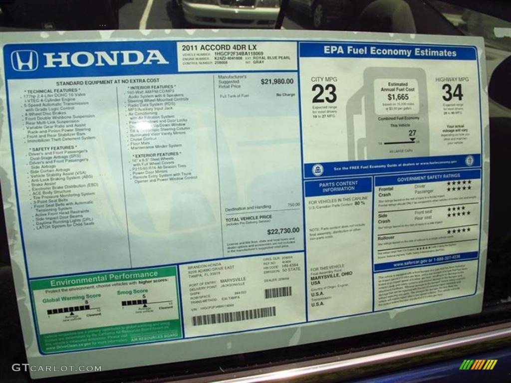 2011 Honda Accord LX Sedan Window Sticker Photo #49449670
