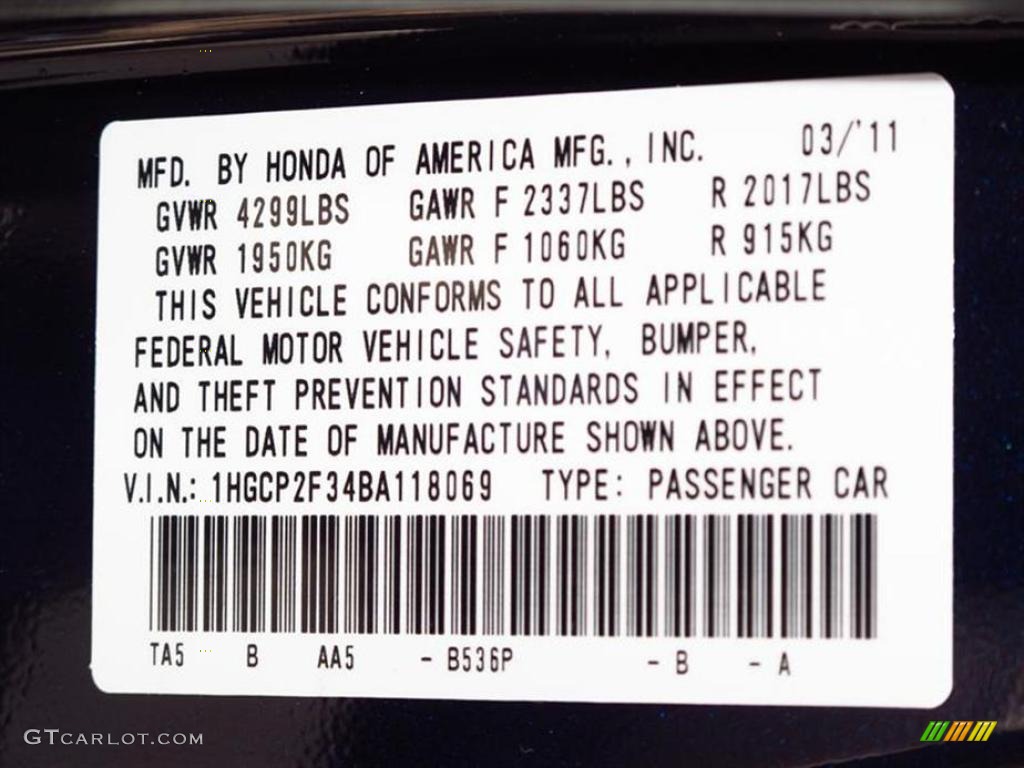 2011 Accord Color Code B536P for Royal Blue Pearl Photo #49449685