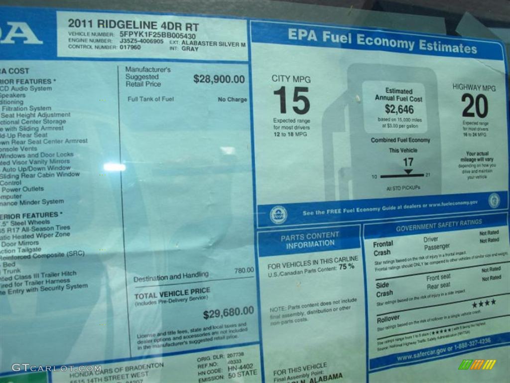2011 Honda Ridgeline RT Window Sticker Photos