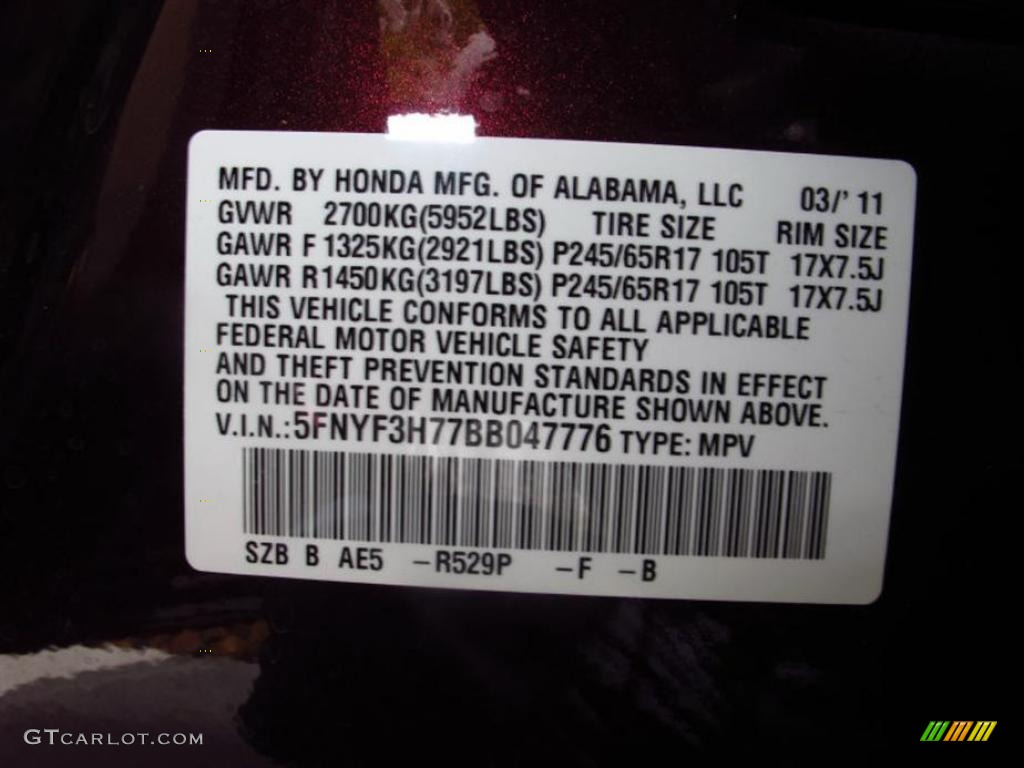 2011 Pilot Color Code R529P for Dark Cherry Pearl Photo #49453666