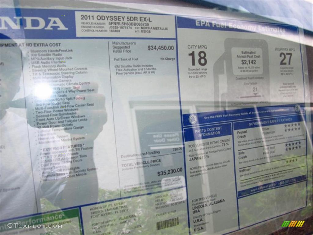 2011 Honda Odyssey EX-L Window Sticker Photo #49455154