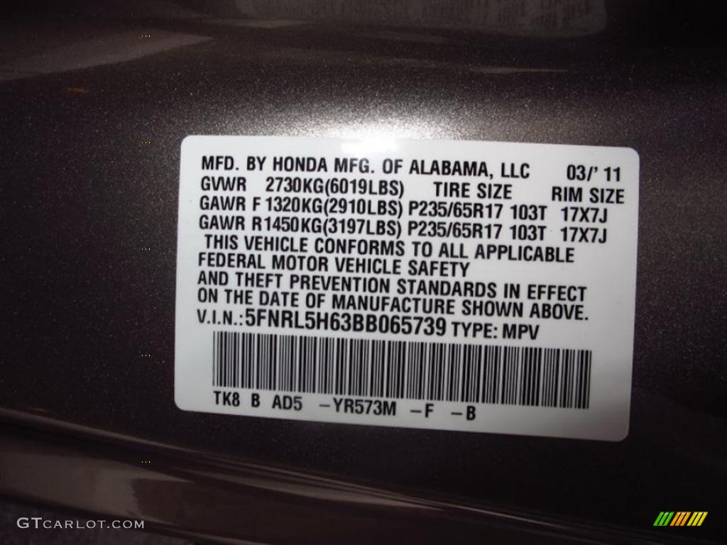 2011 Odyssey Color Code YR573M for Mocha Metallic Photo #49455169