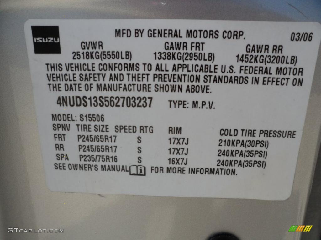 2006 Isuzu Ascender S Info Tag Photos