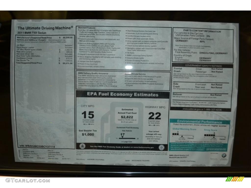 2011 BMW 7 Series 750i Sedan Window Sticker Photo #49487700