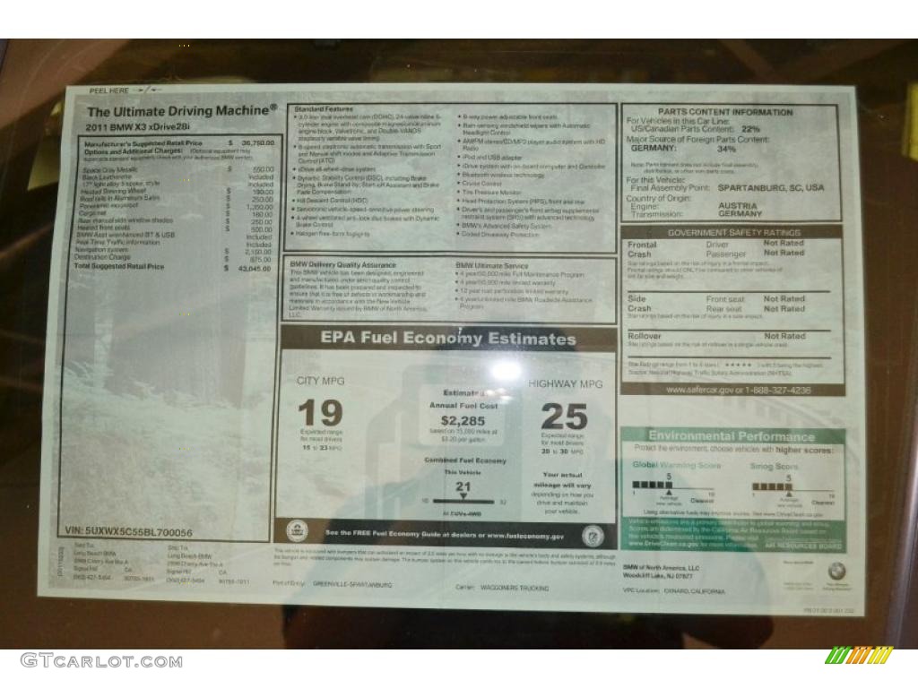 2011 BMW X3 xDrive 28i Window Sticker Photo #49490814