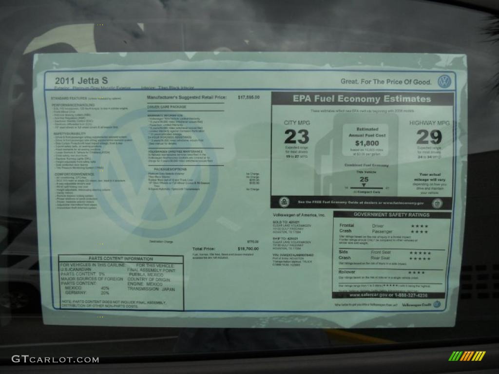 2011 Jetta S Sedan - Platinum Gray Metallic / Titan Black photo #21