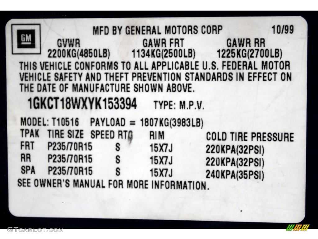 2000 GMC Jimmy SLS 4x4 Info Tag Photo #49509354