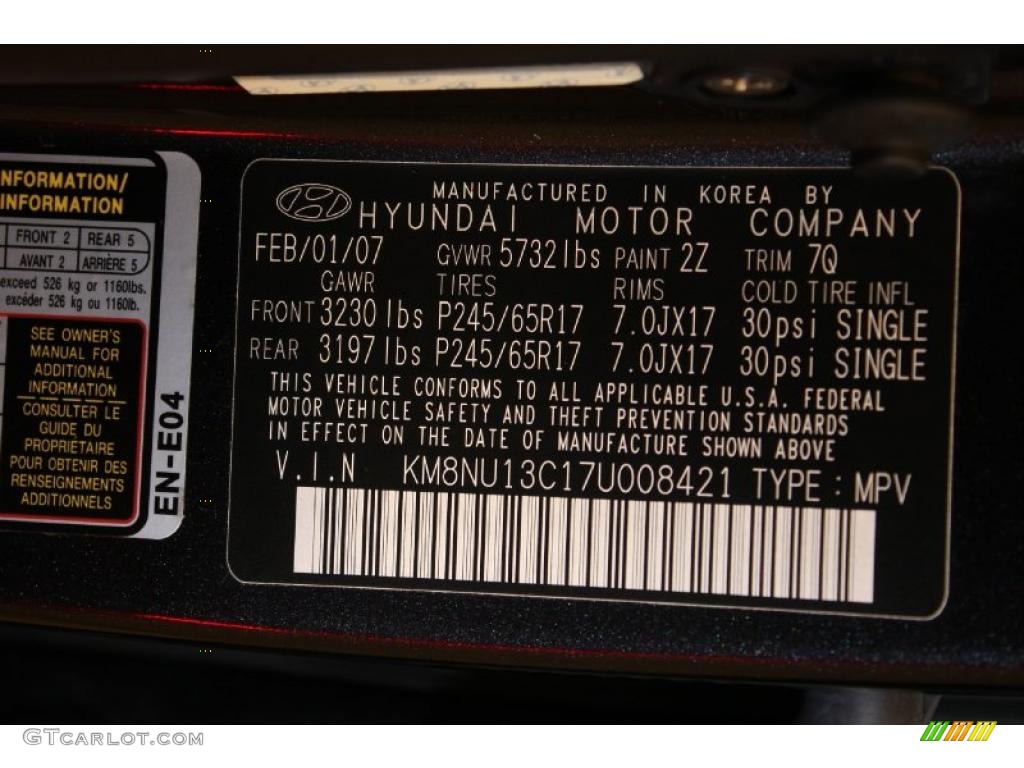 2007 Hyundai Veracruz GLS Color Code Photos