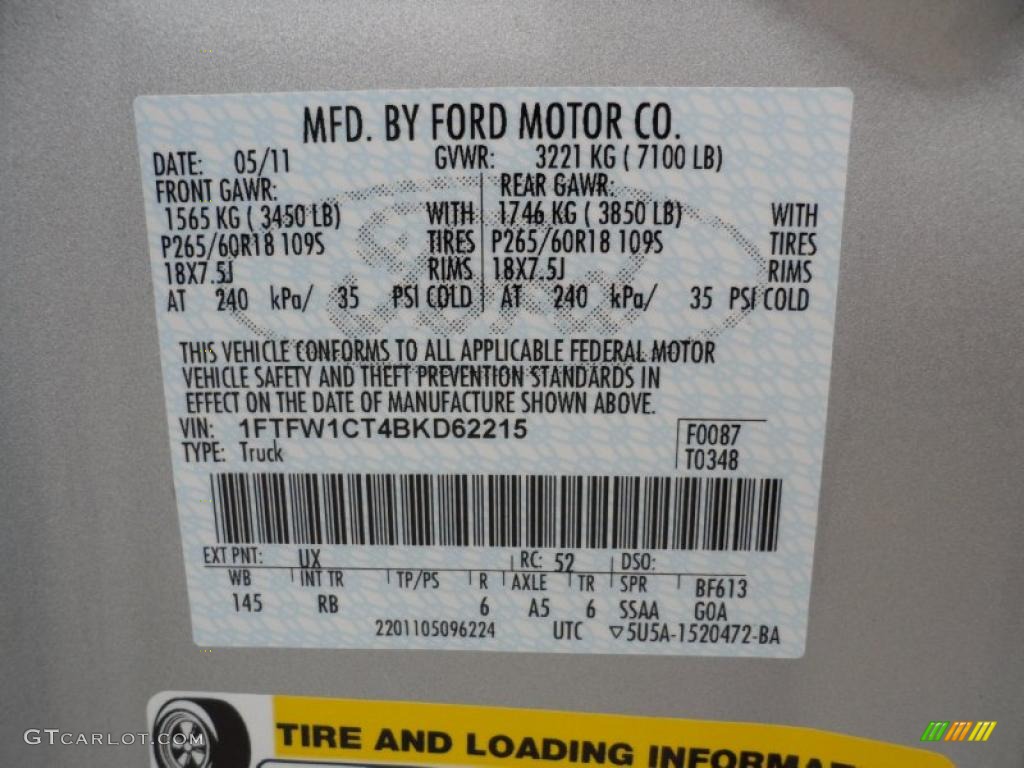 2011 F150 Color Code UX for Ingot Silver Metallic Photo #49546196