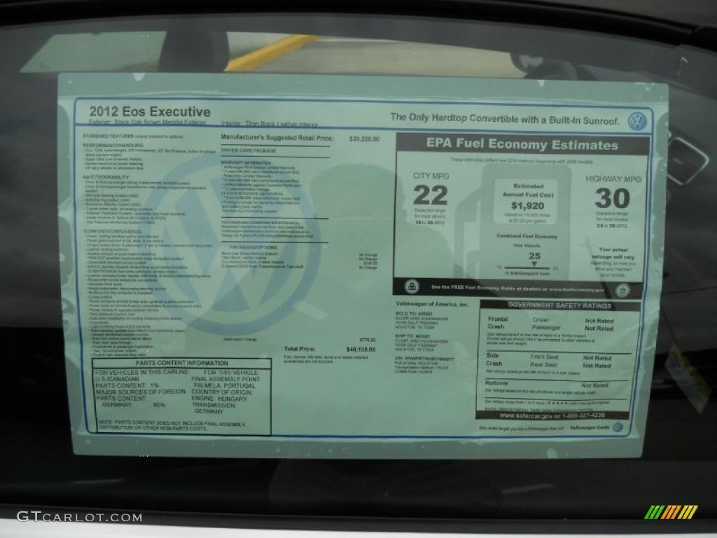 2012 Volkswagen Eos Executive Window Sticker Photo #49561889