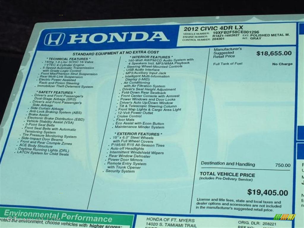 2012 Honda Civic LX Sedan Window Sticker Photo #49566589