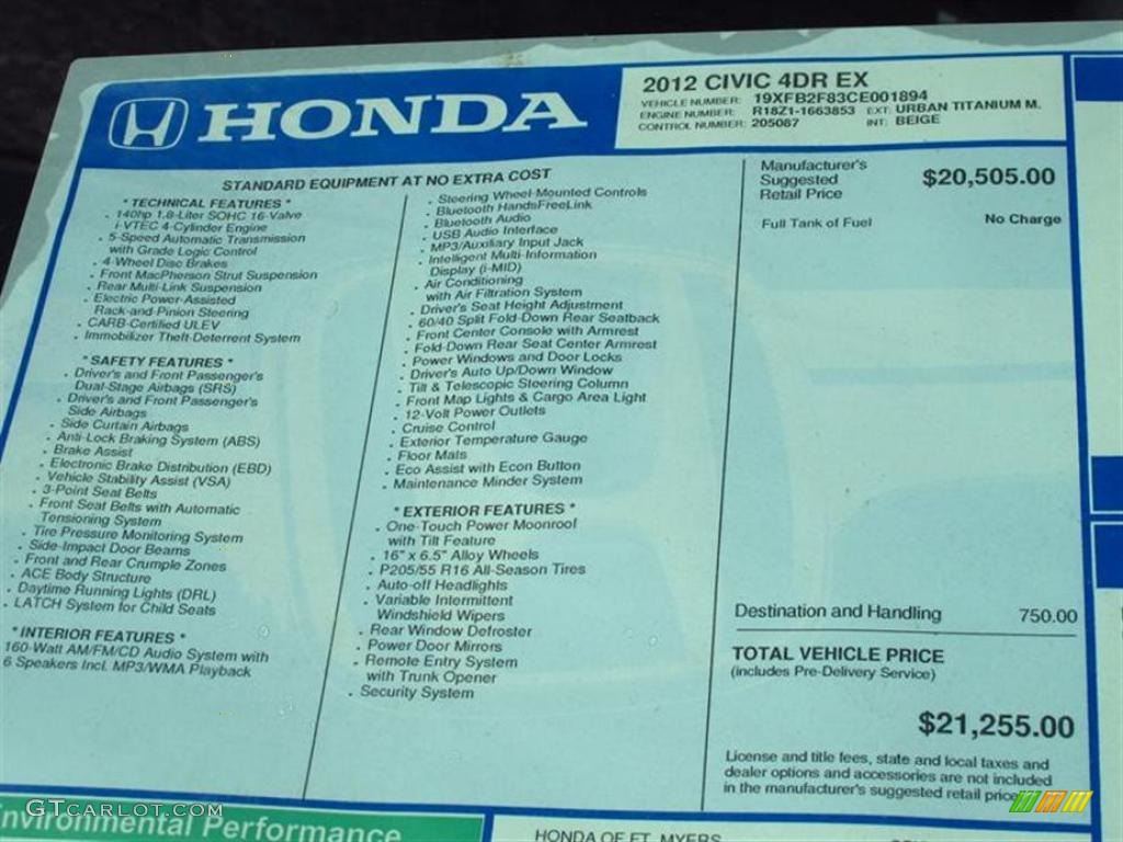 2012 Honda Civic EX Sedan Window Sticker Photo #49566754