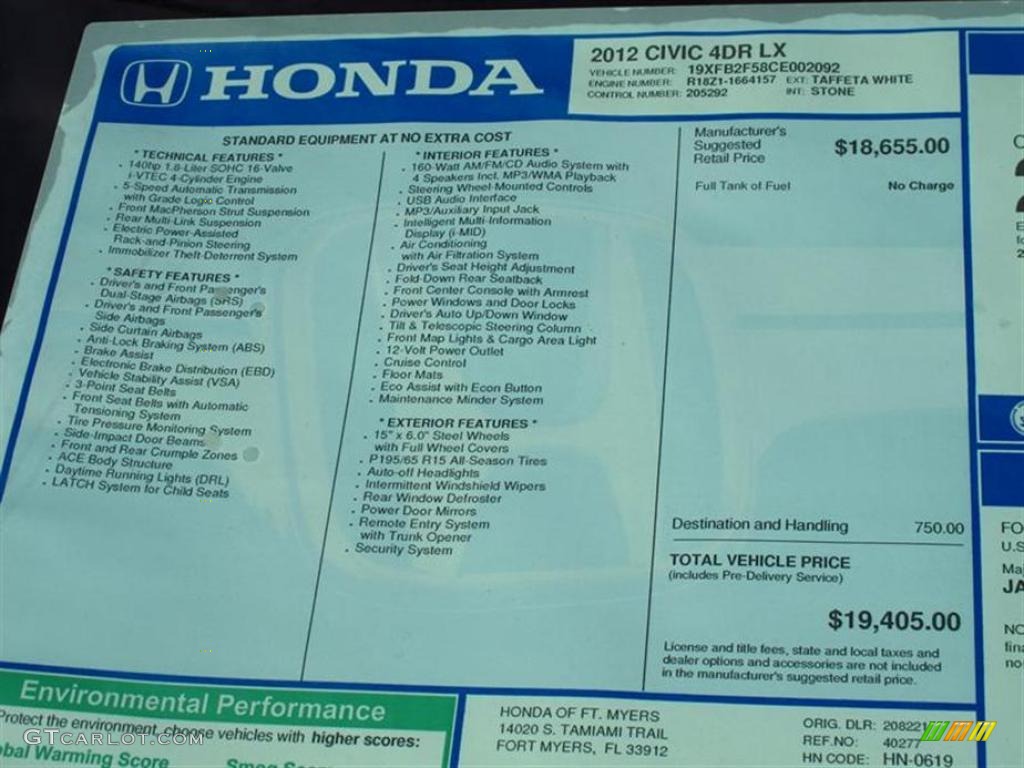 2012 Honda Civic LX Sedan Window Sticker Photo #49566922