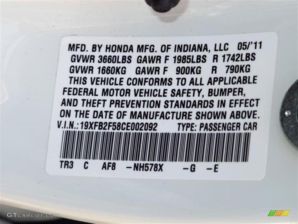 2012 Civic Color Code NH578X for Taffeta White Photo #49566943