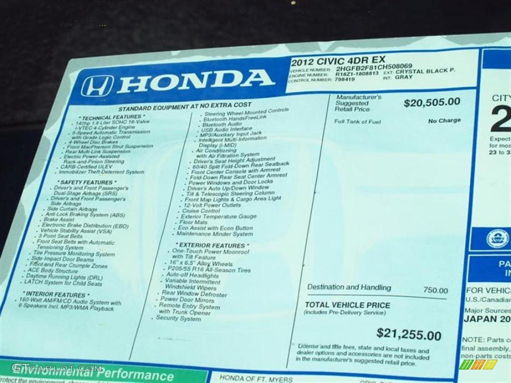 2012 Honda Civic EX Sedan Window Sticker Photo #49567390
