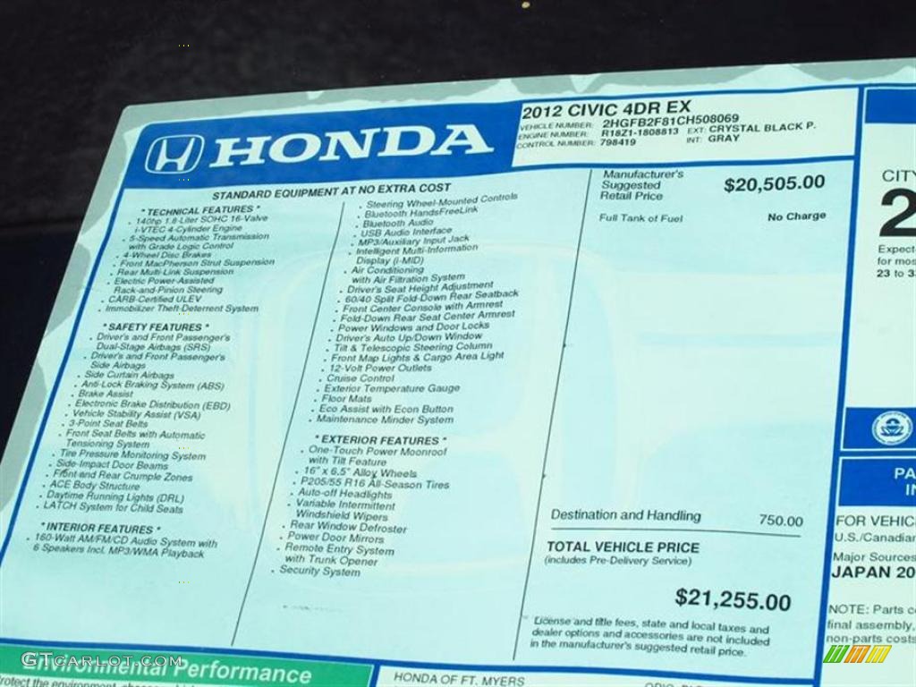 2012 Honda Civic EX Sedan Window Sticker Photo #49567390