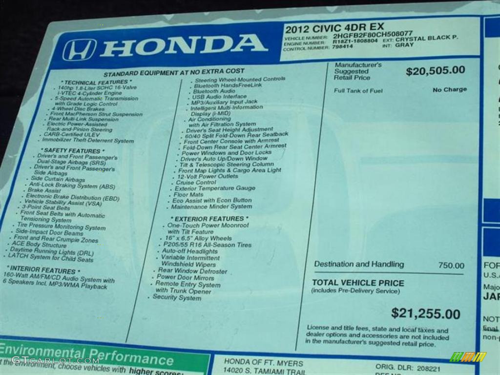 2012 Honda Civic EX Sedan Window Sticker Photo #49567543