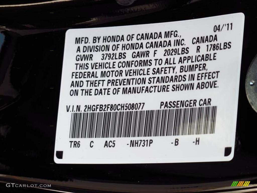 2012 Civic Color Code NH731P for Crystal Black Pearl Photo #49567561