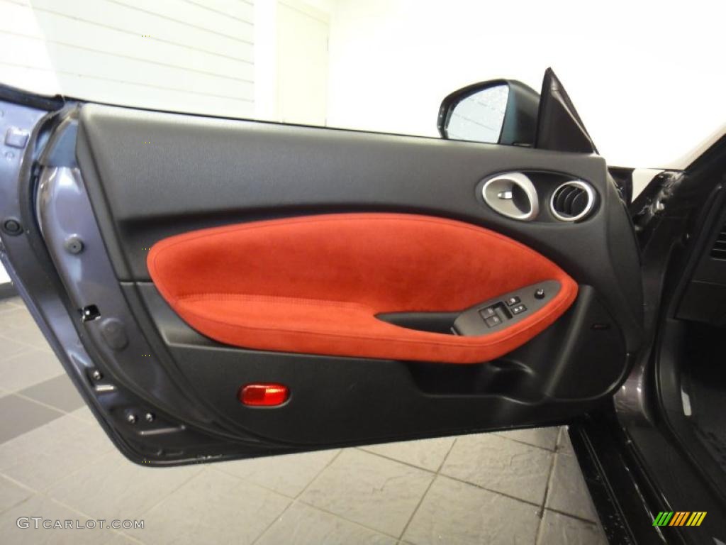 2010 Nissan 370Z Sport Touring Coupe 40th Anniversary Red Leather Door Panel Photo #49585759