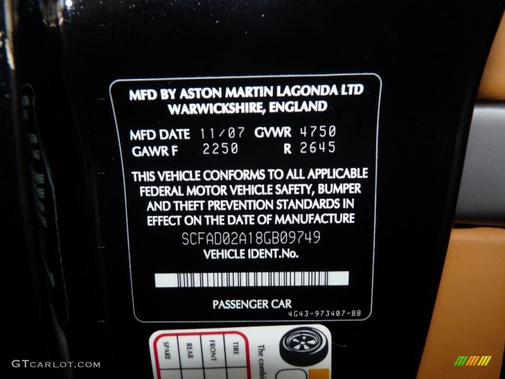 2008 Aston Martin DB9 Volante Info Tag Photos