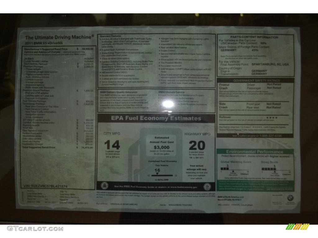 2011 BMW X5 xDrive 50i Window Sticker Photos