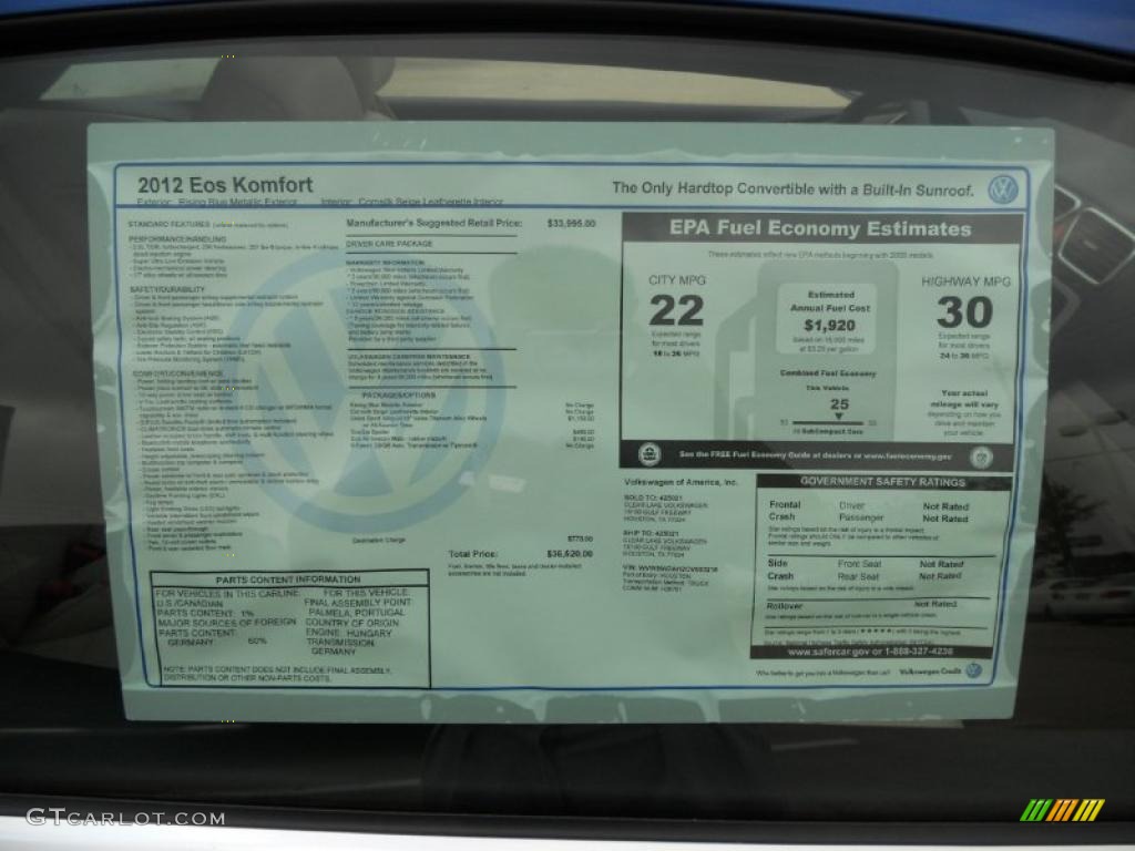 2012 Volkswagen Eos Komfort Window Sticker Photo #49613572