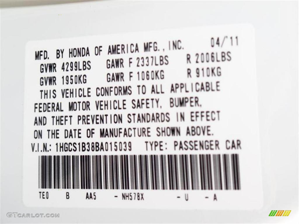 2011 Accord Color Code NH578X for Taffeta White Photo #49628677
