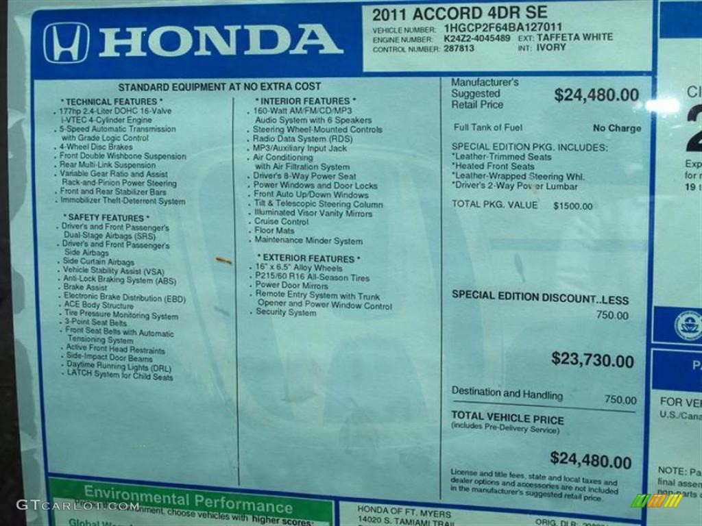 2011 Honda Accord SE Sedan Window Sticker Photo #49628827