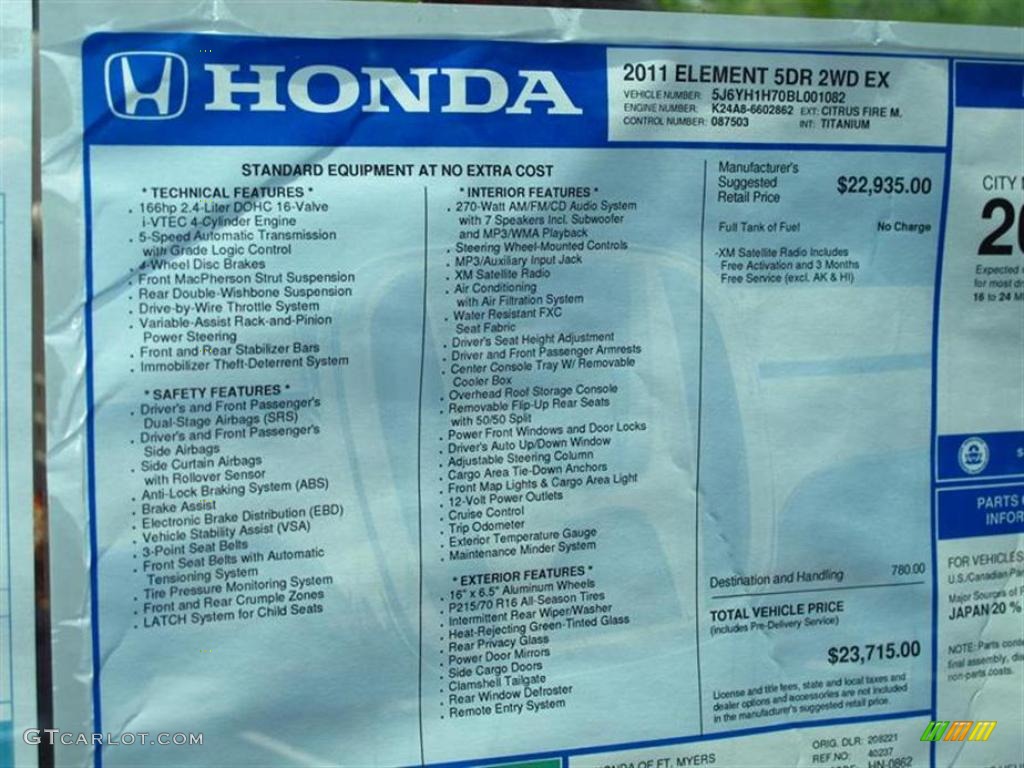 2011 Honda Element EX Window Sticker Photo #49629007