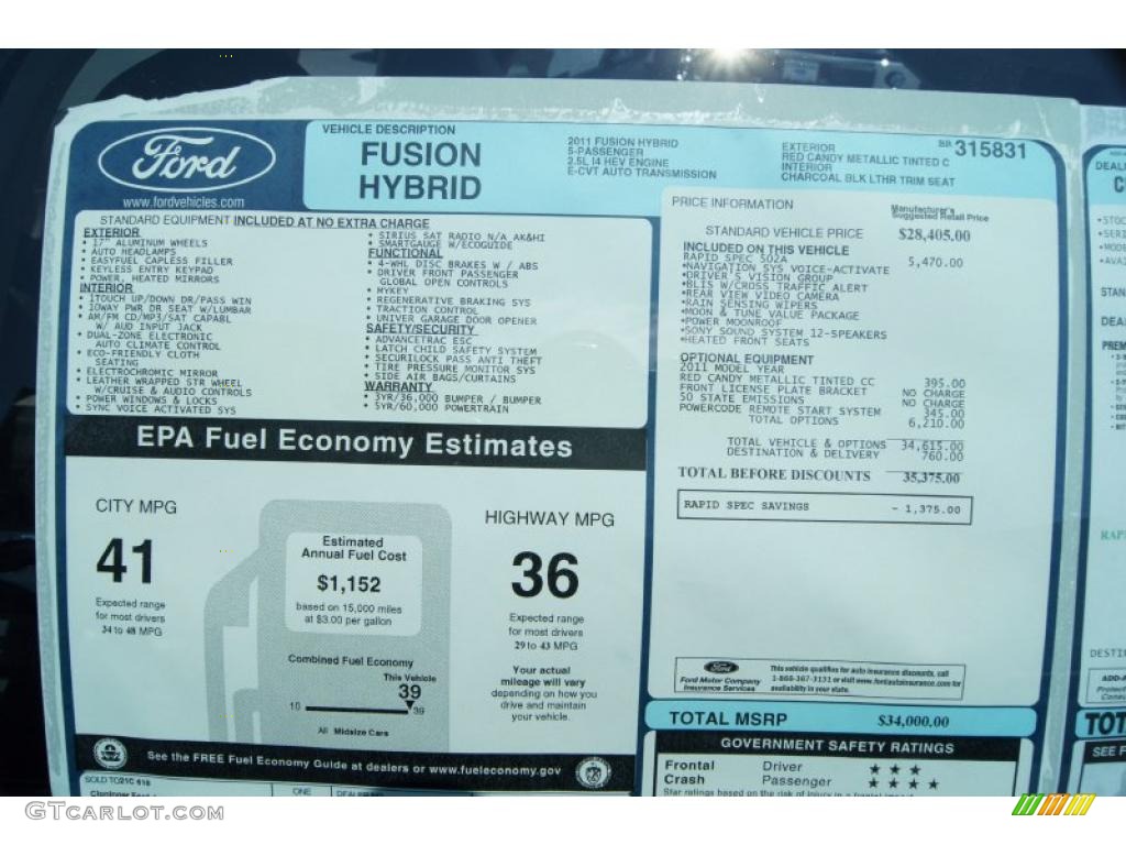 2011 Ford Fusion Hybrid Window Sticker Photos