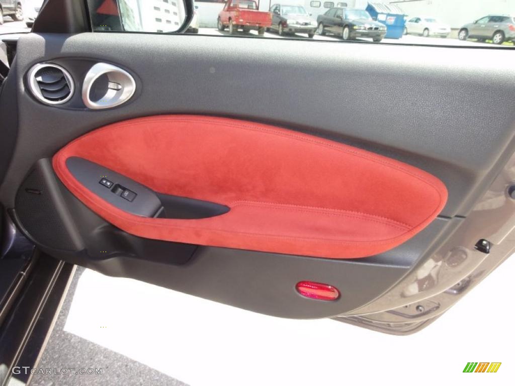 2010 Nissan 370Z 40th Anniversary Edition Coupe 40th Anniversary Red Leather Door Panel Photo #49633172