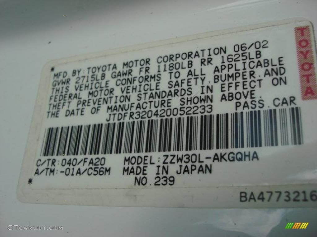 2002 MR2 Spyder Color Code 040 for Super White Photo #49635872