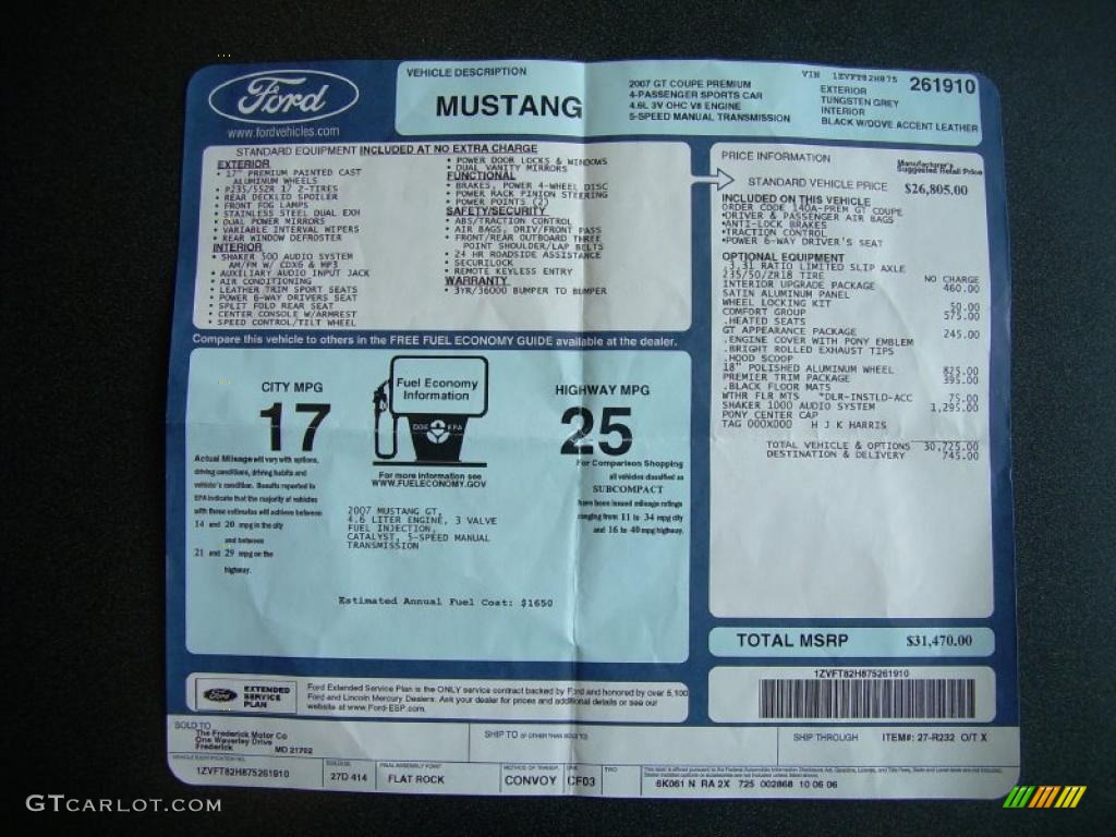 2007 Ford Mustang GT Premium Coupe Window Sticker Photo #49663180