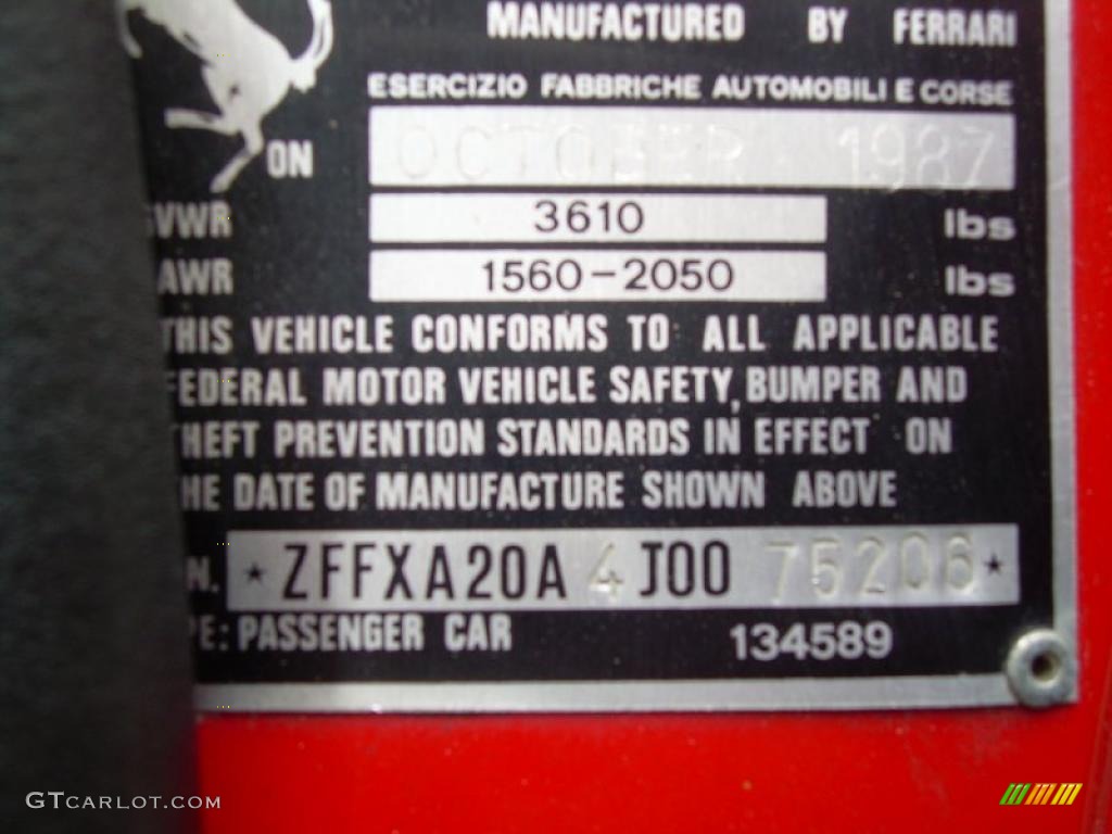 1988 Ferrari 328 GTS Info Tag Photos