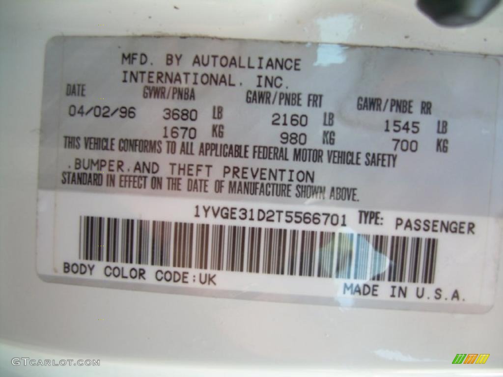 1996 MX-6 Color Code UK for Alpine White Photo #49663642