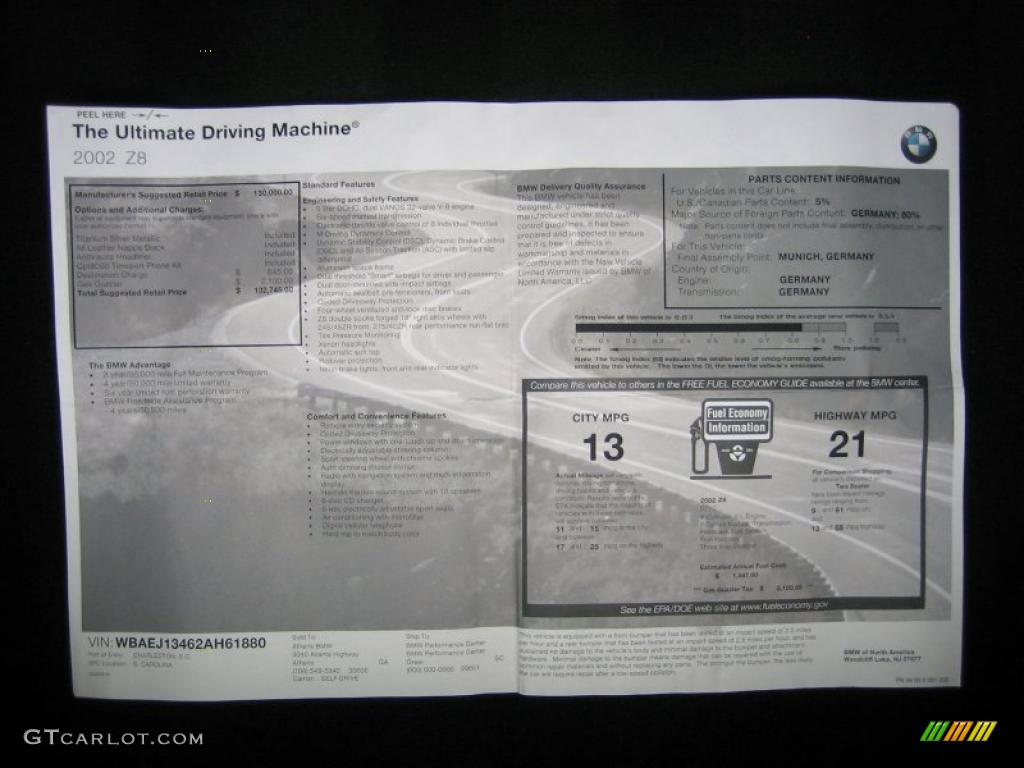 2002 BMW Z8 Roadster Window Sticker Photo #49681980