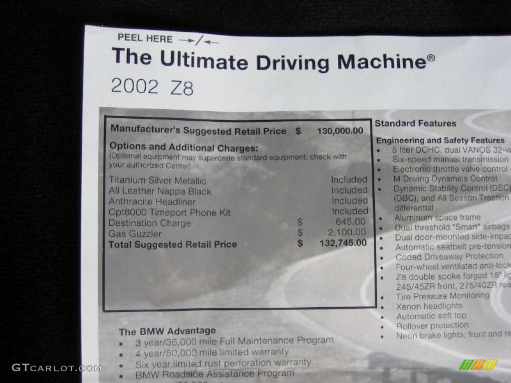 2002 BMW Z8 Roadster Window Sticker Photo #49681995