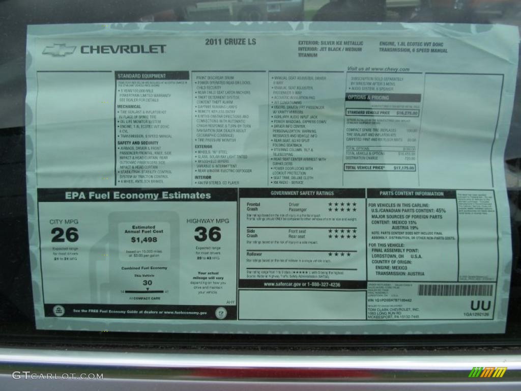 2011 Chevrolet Cruze LS Window Sticker Photo #49699576