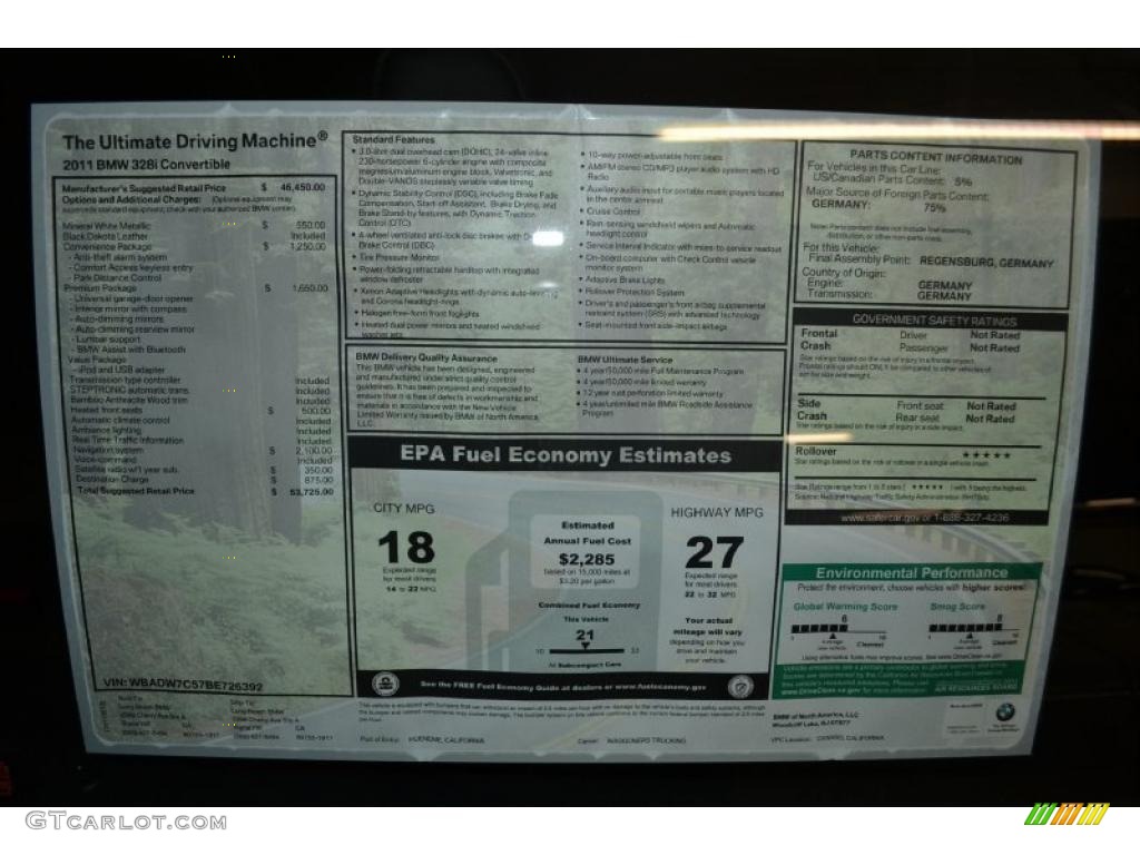2011 BMW 3 Series 328i Convertible Window Sticker Photo #49703311