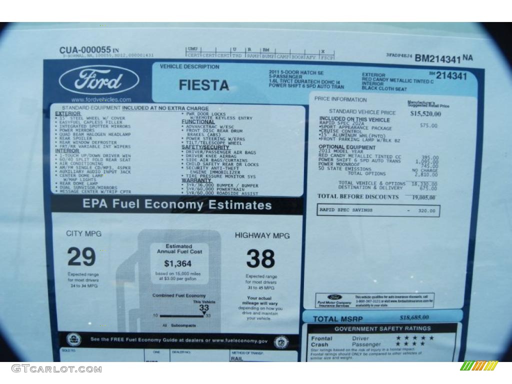 2011 Ford Fiesta SE Hatchback Window Sticker Photo #49716064