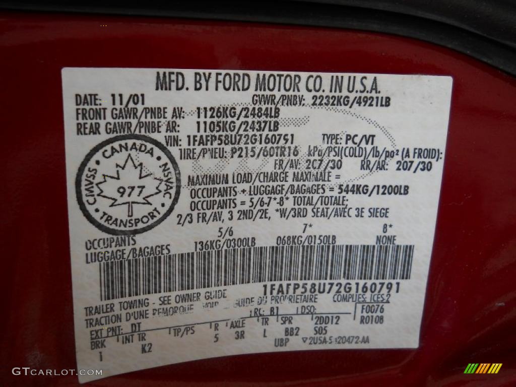 2002 Taurus Color Code DT for Matador Red Metallic Photo #49723723