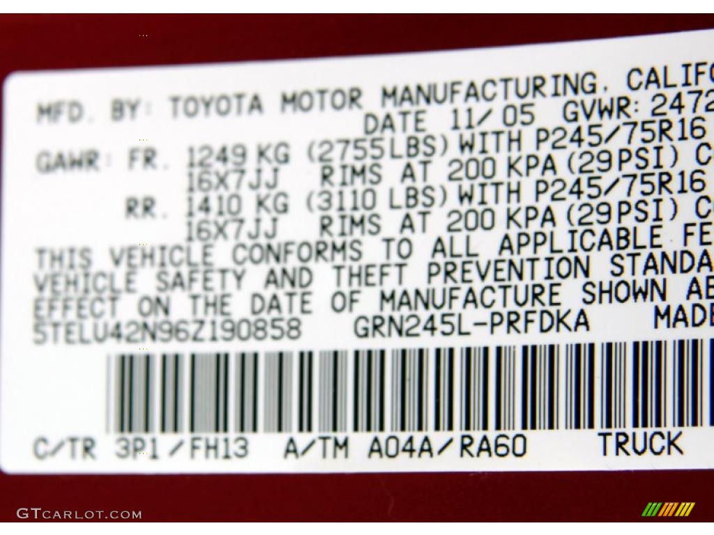 2006 Tacoma Color Code 3P1 for Impulse Red Pearl Photo #49751932