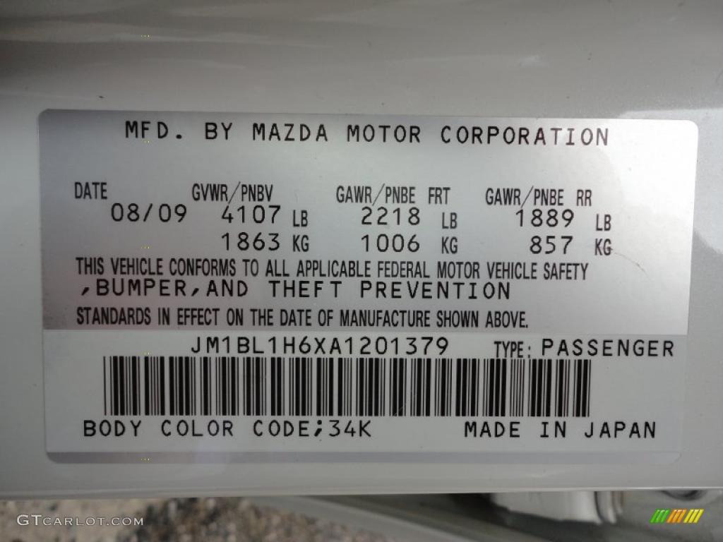 2010 MAZDA3 Color Code 34K for Crystal White Pearl Mica Photo #49762303