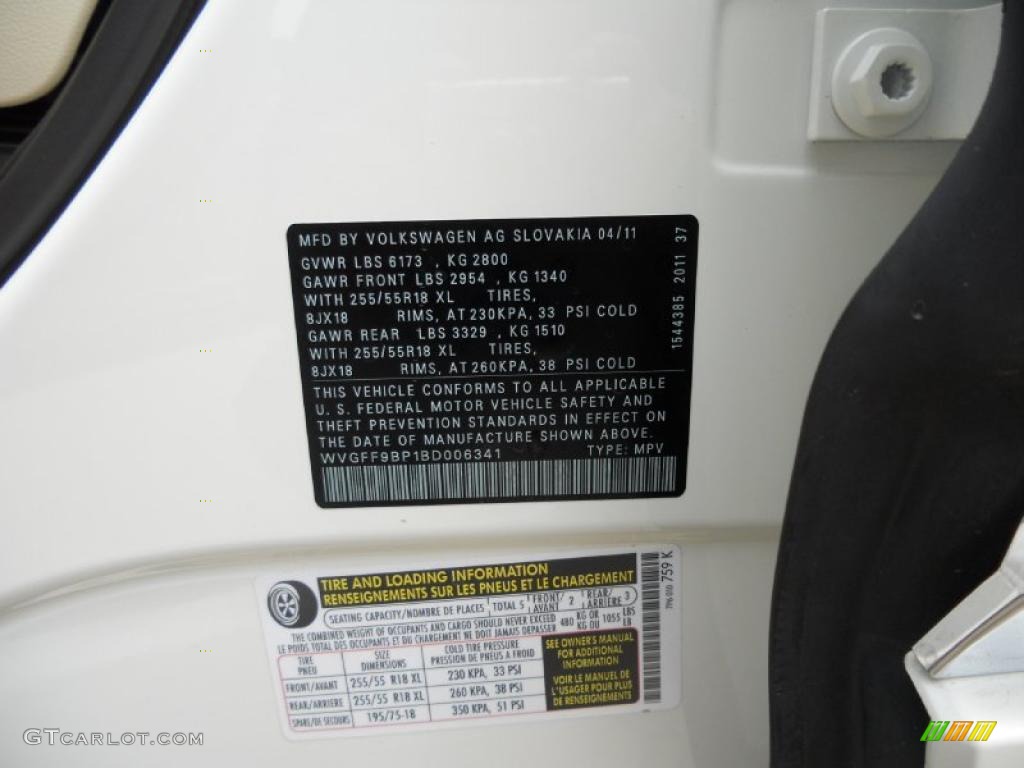 2011 Volkswagen Touareg VR6 FSI Sport 4XMotion Info Tag Photo #49779809