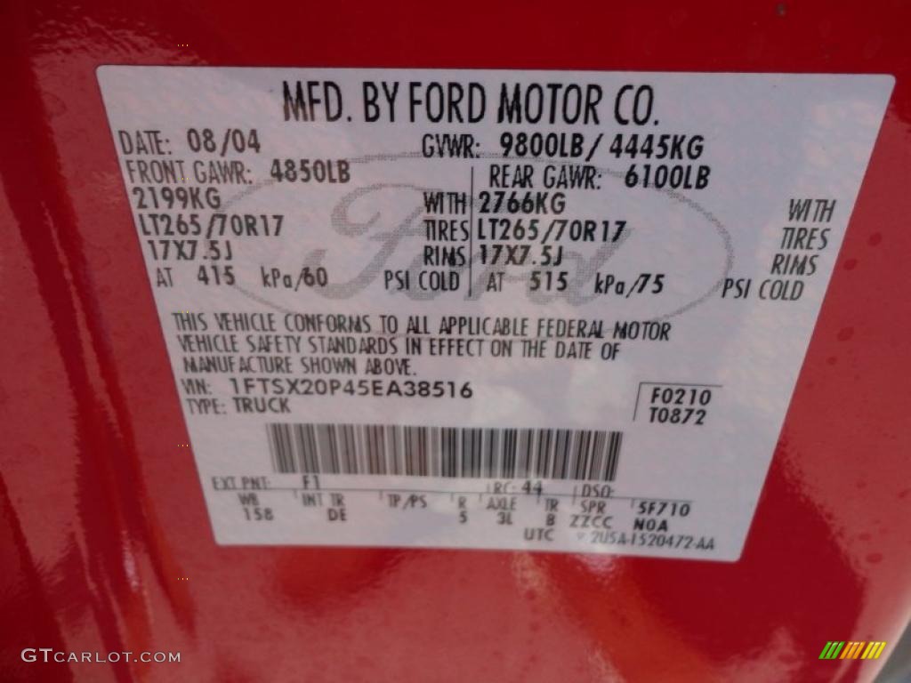2005 F250 Super Duty Color Code F1 for Red Clearcoat Photo #49794932