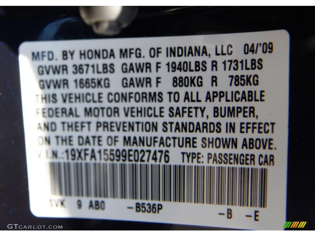 2009 Civic Color Code B536P for Royal Blue Pearl Photo #49808085