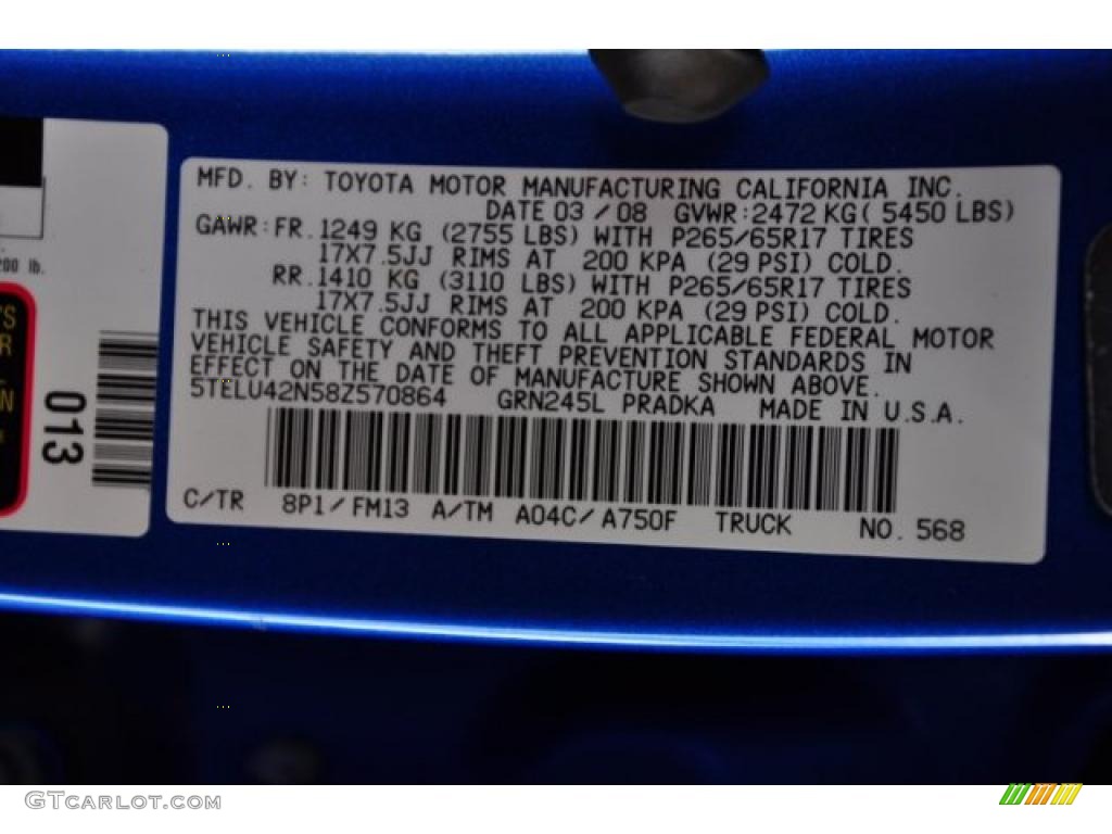 2008 Tacoma Color Code 8P1 for Speedway Blue Photo #49826727
