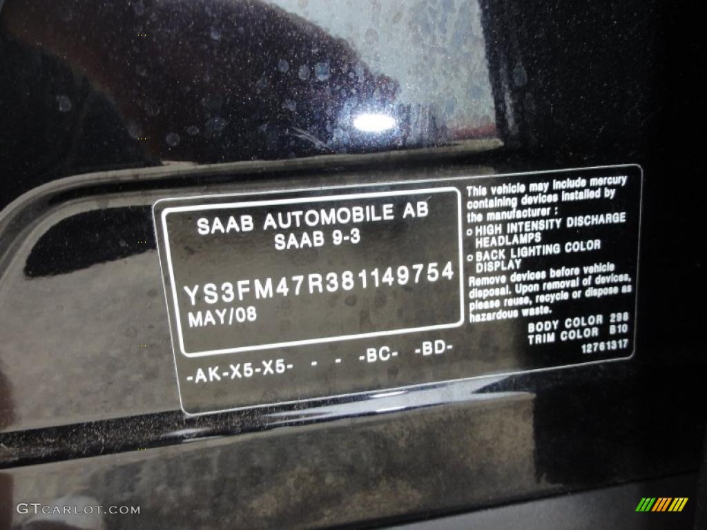 2008 9-3 Color Code 298 for Jet Black Metallic Photo #49829131