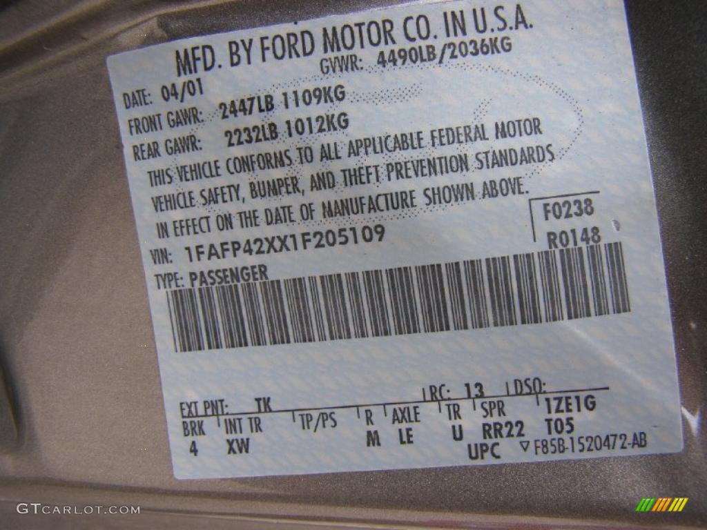 2001 Mustang Color Code TK for Mineral Grey Metallic Photo #49840279